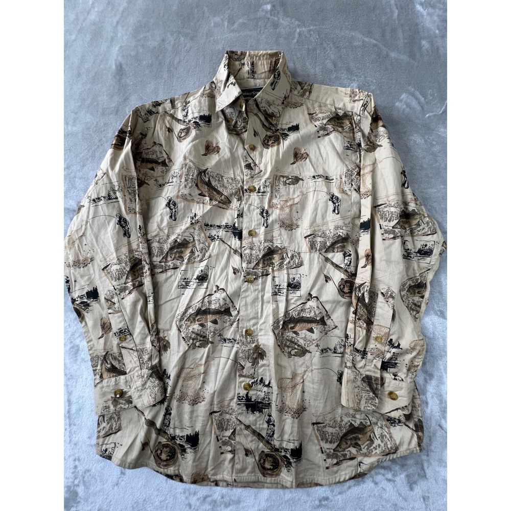 Field & Stream Button Down Shirt Mens Medium Beige Fishing Print Long Sleeve